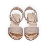 ARQS.PK rose gold glitter block heel sandals with ankle straps and open toe design