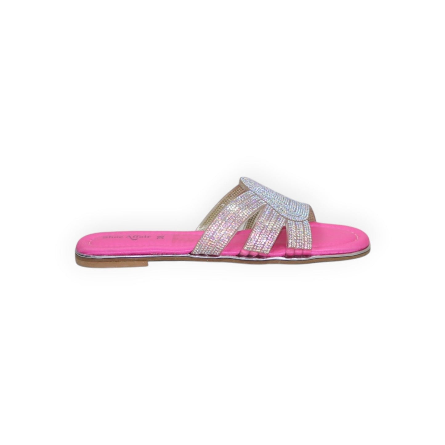 ARQS.PK Shoe Affair pink flat slide sandals featuring multi-strap detailing with shimmering rhinestone embellishments.