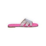 ARQS.PK Shoe Affair pink flat slide sandals featuring multi-strap detailing with shimmering rhinestone embellishments.