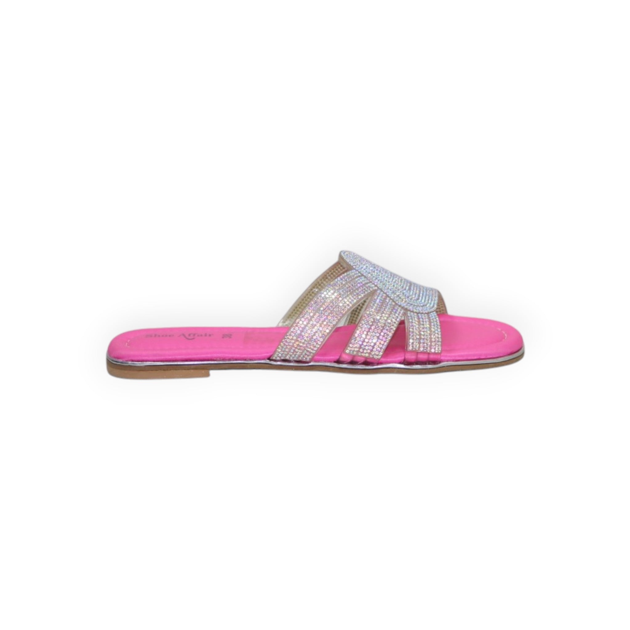 ARQS.PK Shoe Affair pink flat slide sandals featuring multi-strap detailing with shimmering rhinestone embellishments.