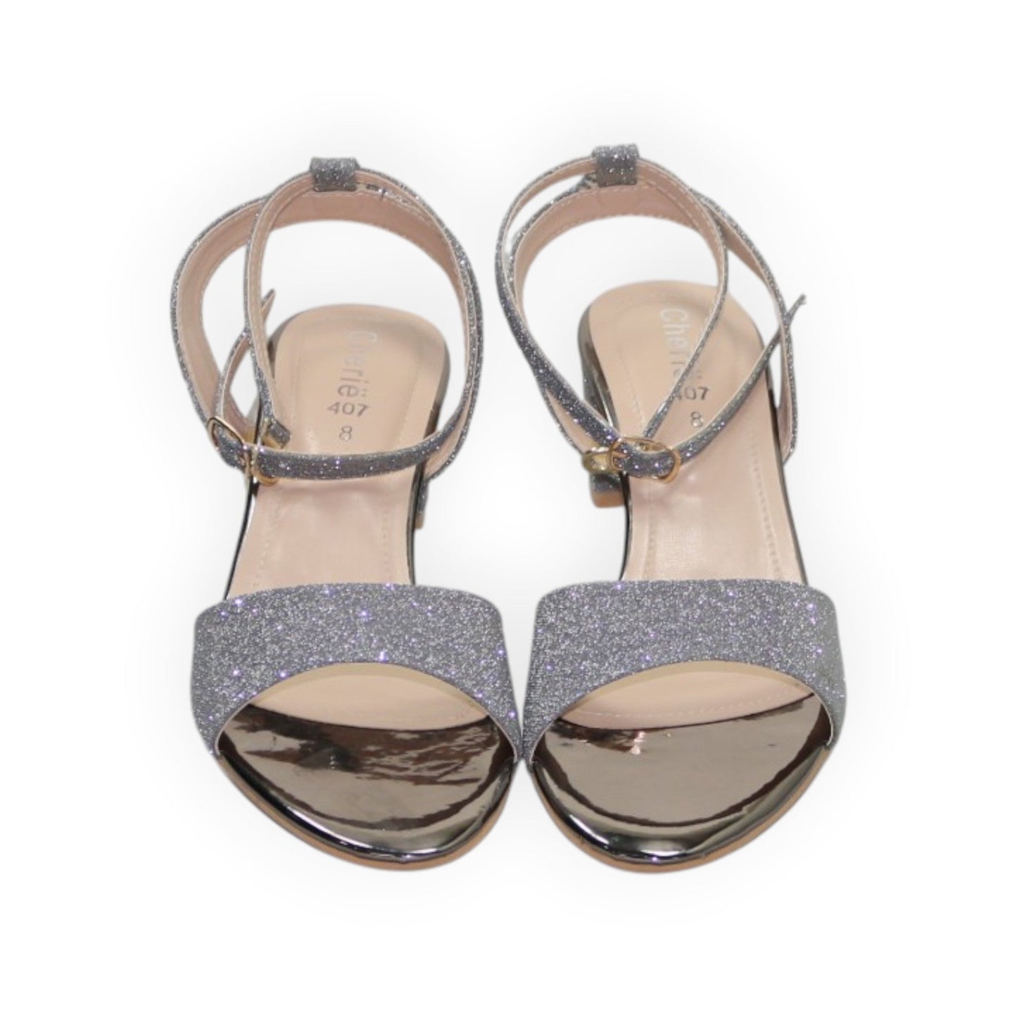 ARQS.PK silver glitter block heel sandals with ankle straps and metallic insoles