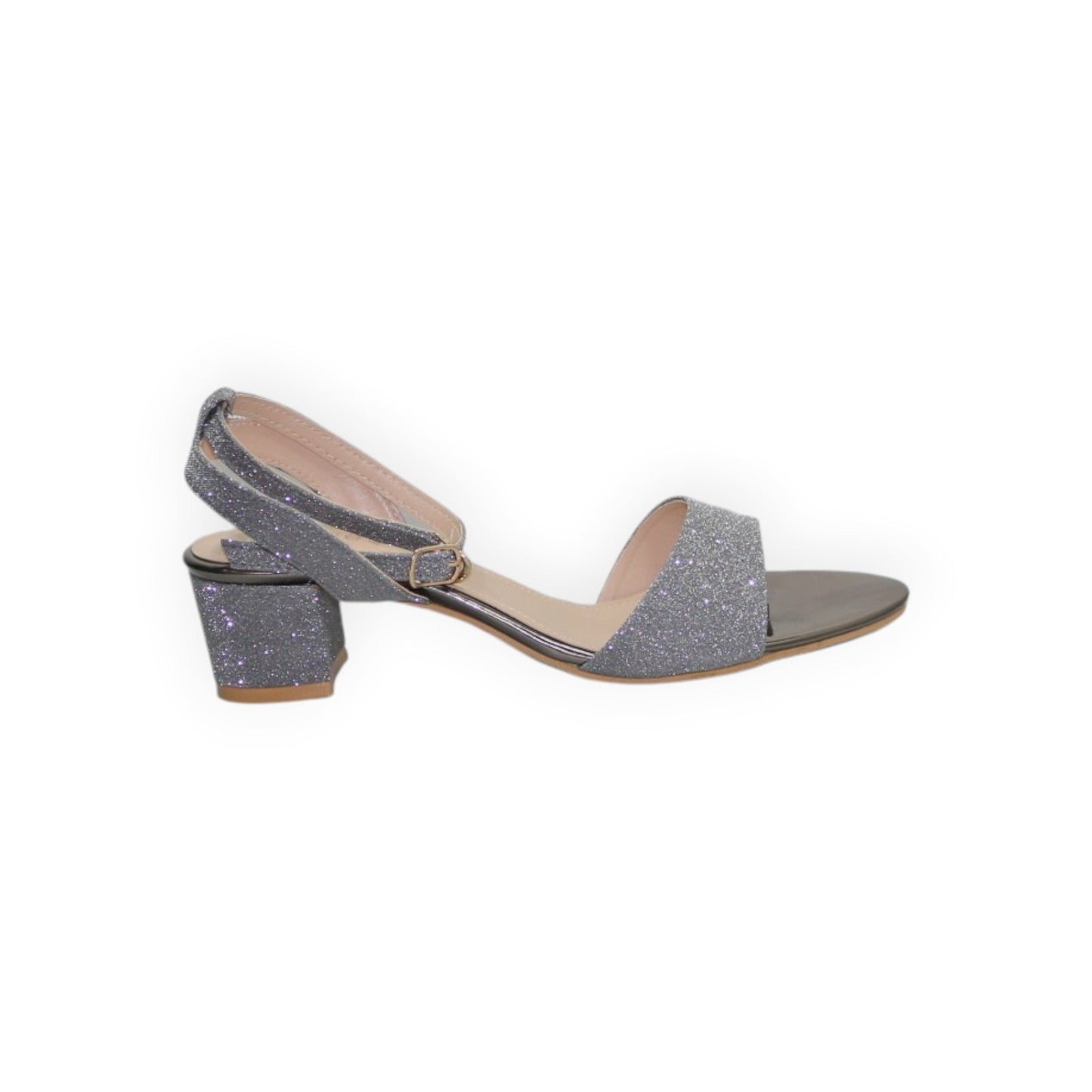 ARQS.PK silver glitter block heel sandals with an ankle strap and open toe design