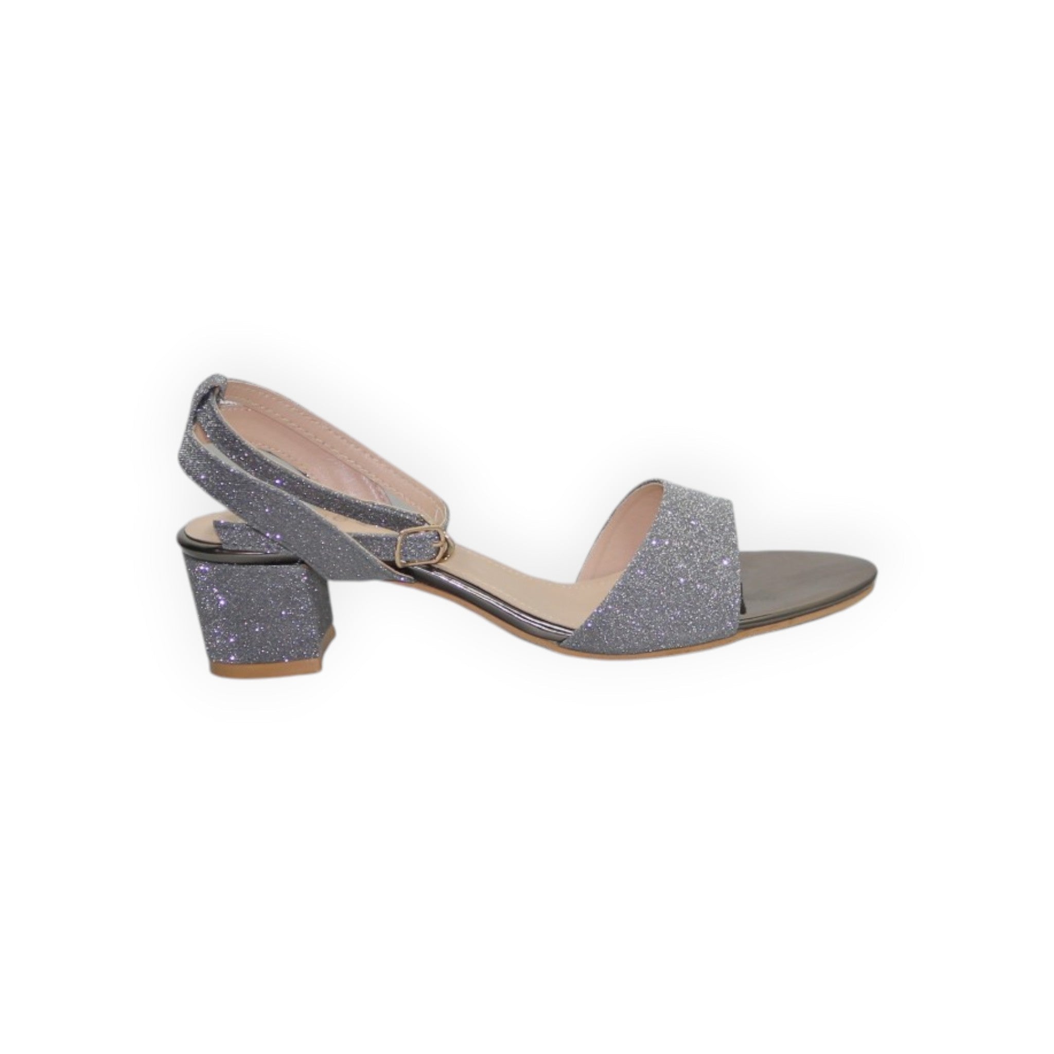 ARQS.PK silver glitter block heel sandals with an ankle strap and open toe design