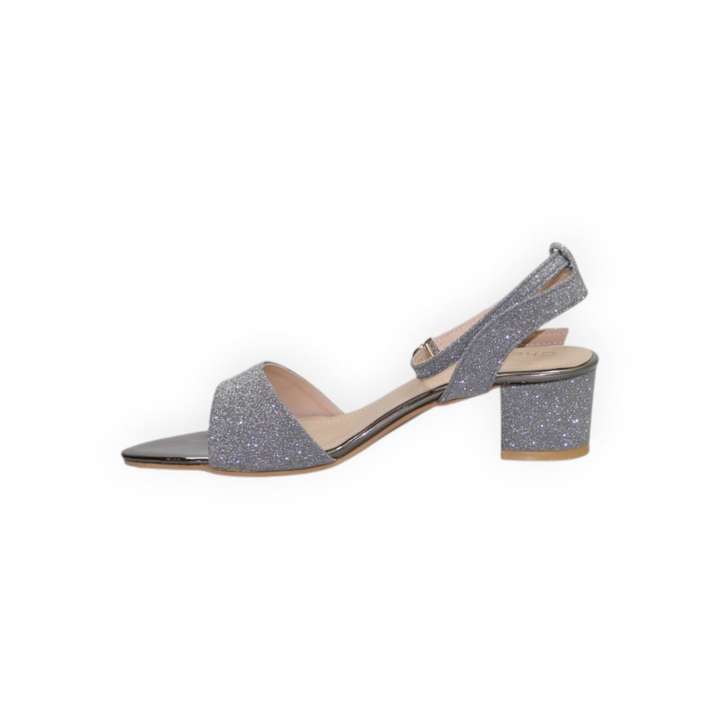 ARQS.PK silver glitter block heel sandal with an open toe and adjustable ankle strap