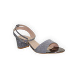 ARQS.PK silver glitter low block heel sandals with an ankle strap and buckle closure for formal events.