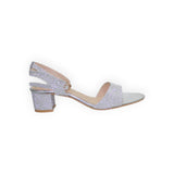 ARQS.PK silver glitter block heel sandals with an ankle strap and open toe design