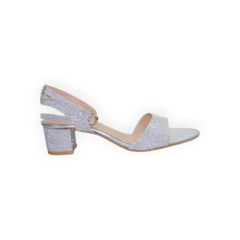 ARQS.PK silver glitter block heel sandals with an ankle strap and open toe design