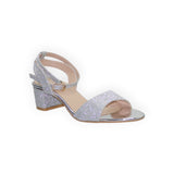 ARQS.PK silver glitter block heel sandals with an ankle strap and metallic finish