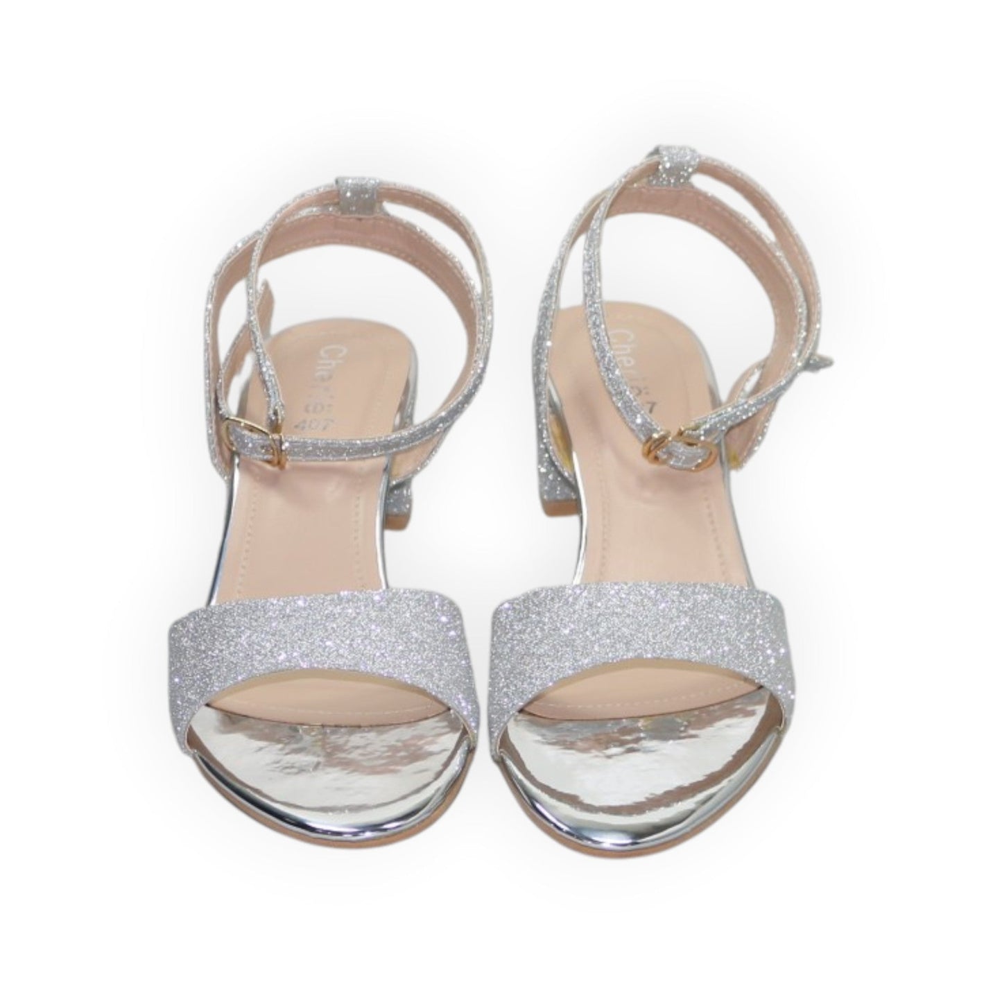 ARQS.PK silver glitter block heel sandals with ankle strap and metallic finish