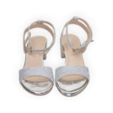 ARQS.PK silver glitter block heel sandals with ankle strap and metallic finish