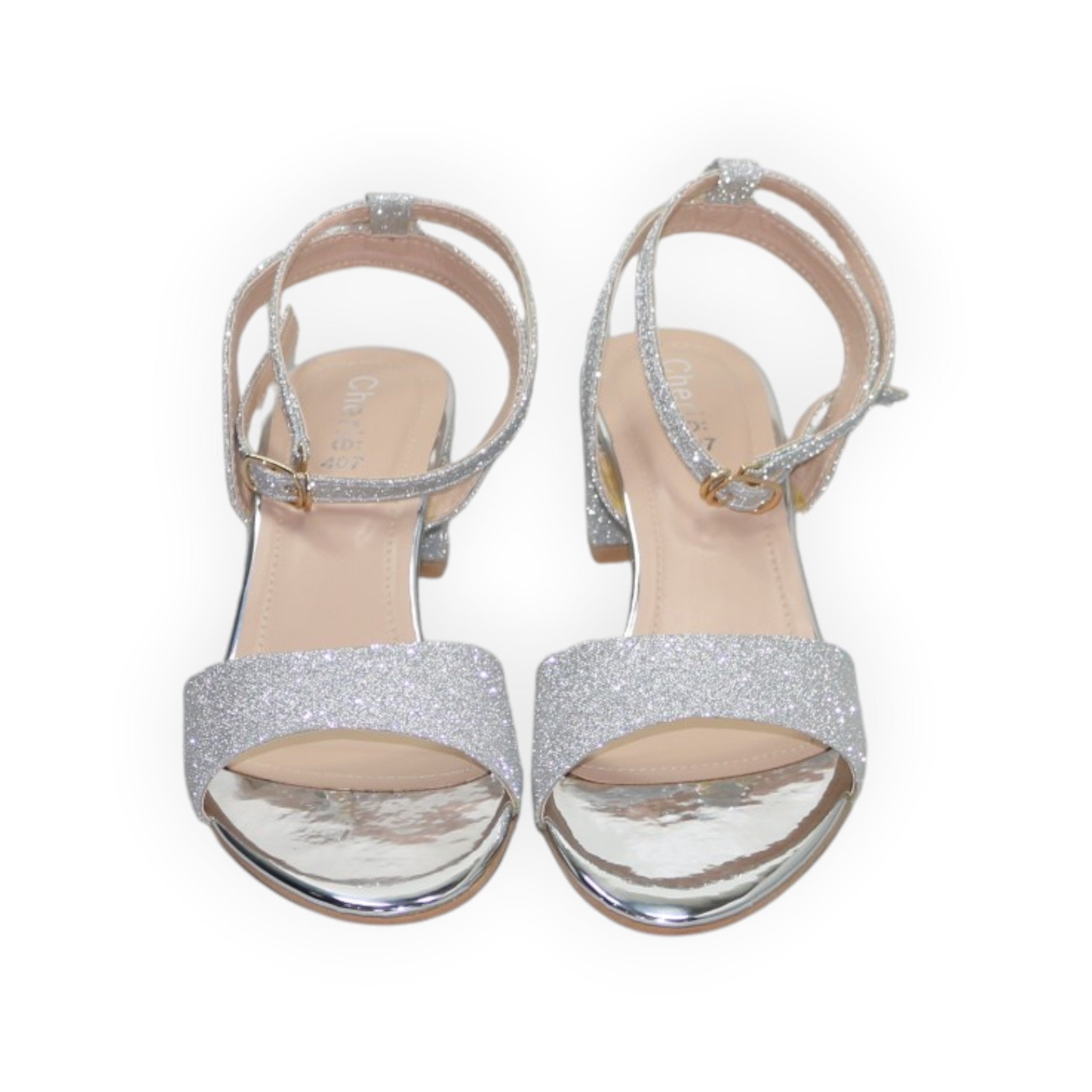 ARQS.PK silver glitter block heel sandals with ankle strap and metallic finish
