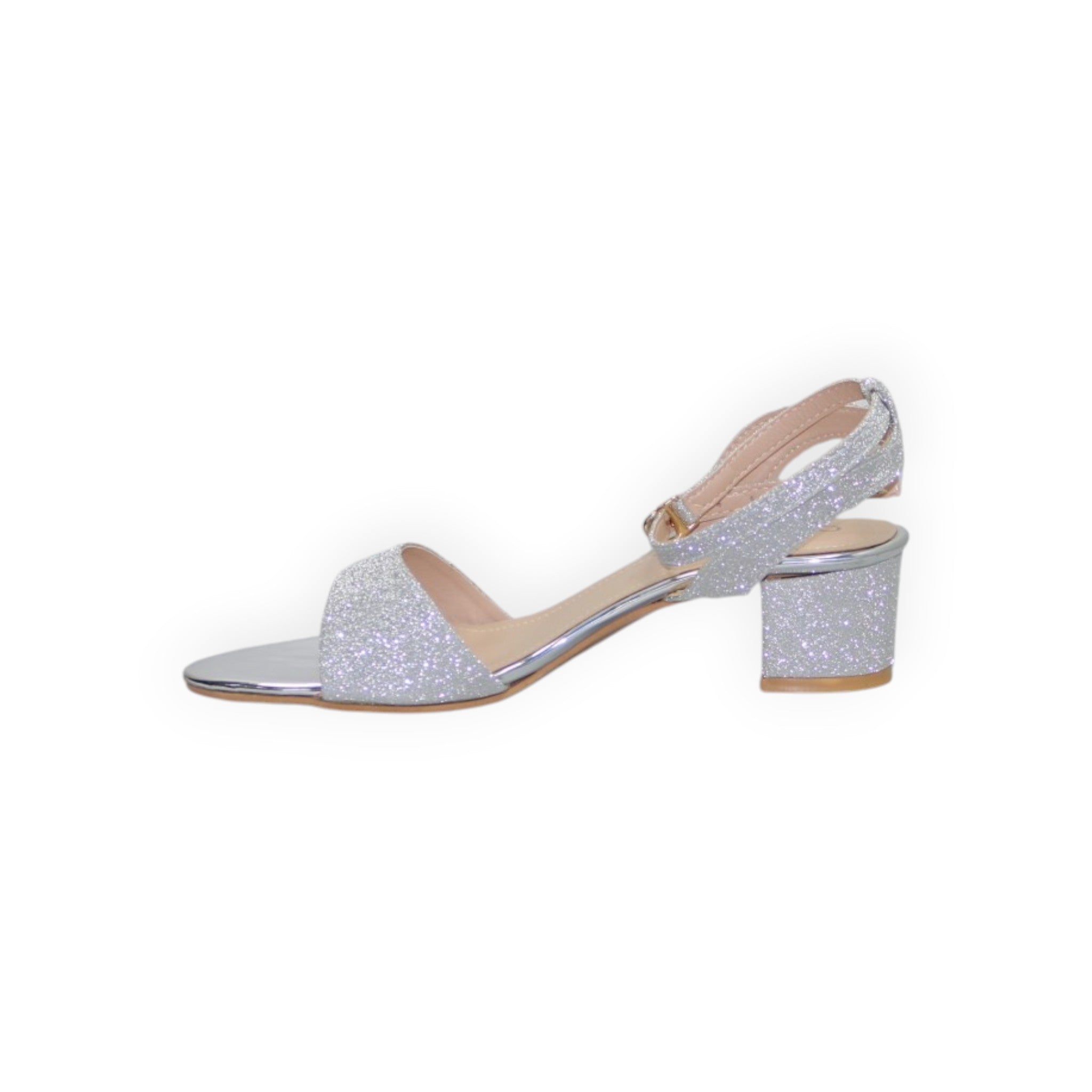 ARQS.PK silver glitter block heel sandals with an ankle strap and open toe design
