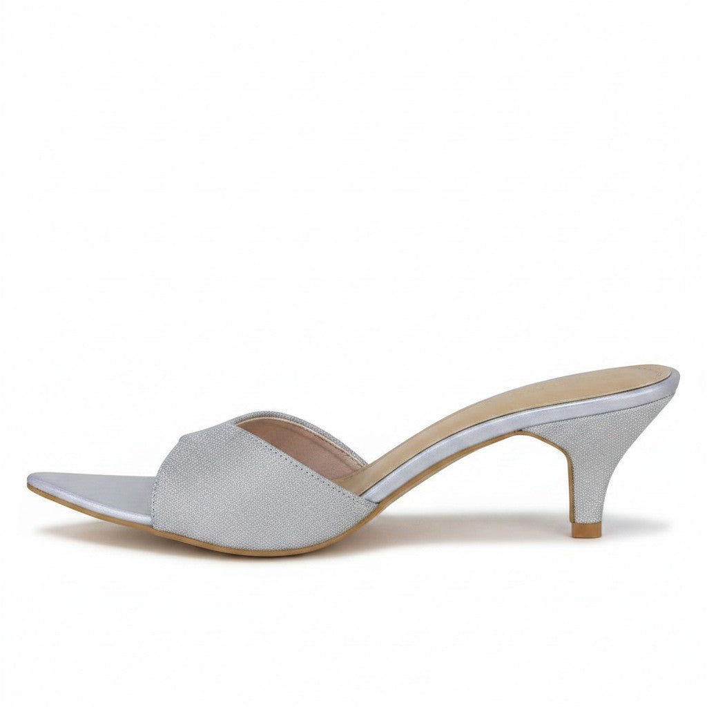 ARQS.PK silver synthetic kitten heel mule sandal with a pointed toe and rubber sole