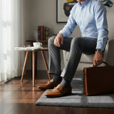 ARQS.PK tan leather horsebit loafers worn by a man in a light blue shirt and grey trousers sitting in an armchair
