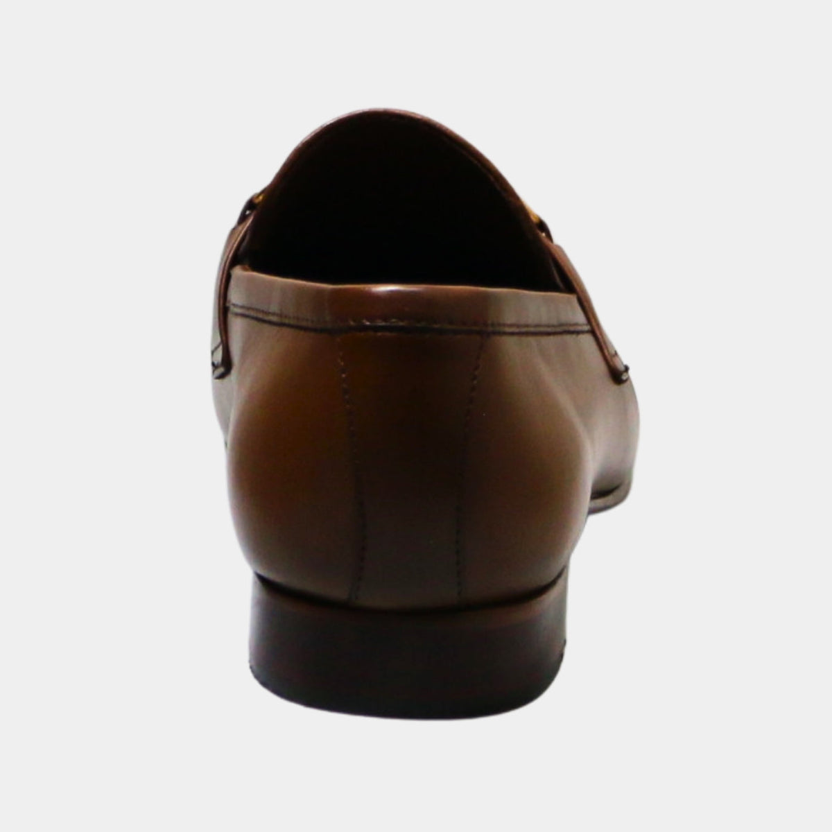 Back view of ARQS.PK tan leather horsebit loafers showing the smooth heel and low-profile silhouette.