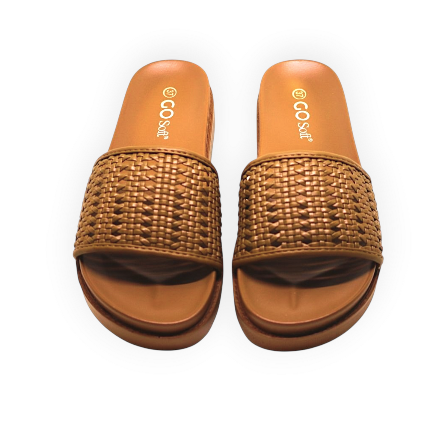 ARQS.PK flat open-toe slide sandals featuring a tan woven PU leather upper and comfortable cushioned insole.
