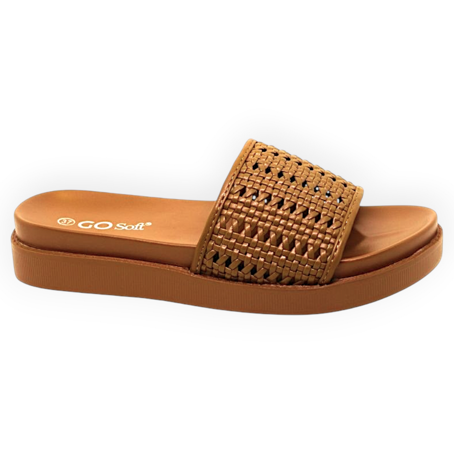 ARQS.PK flat flip-flop sandal in tan with a woven PU leather upper and comfortable platform sole