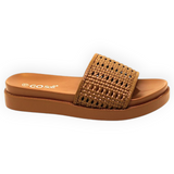 ARQS.PK flat flip-flop sandal in tan with a woven PU leather upper and comfortable platform sole