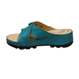 ARQS.PK teal orthopedic slide sandals with crisscross straps, cushioned footbed, and durable platform sole.