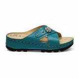 ARQS.PK teal orthopedic slide sandals with crisscross straps, crystal embellishment, and cushioned platform sole.