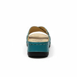 ARQS.PK teal orthopedic slide sandals with a cushioned footbed and platform sole, viewed from the back.