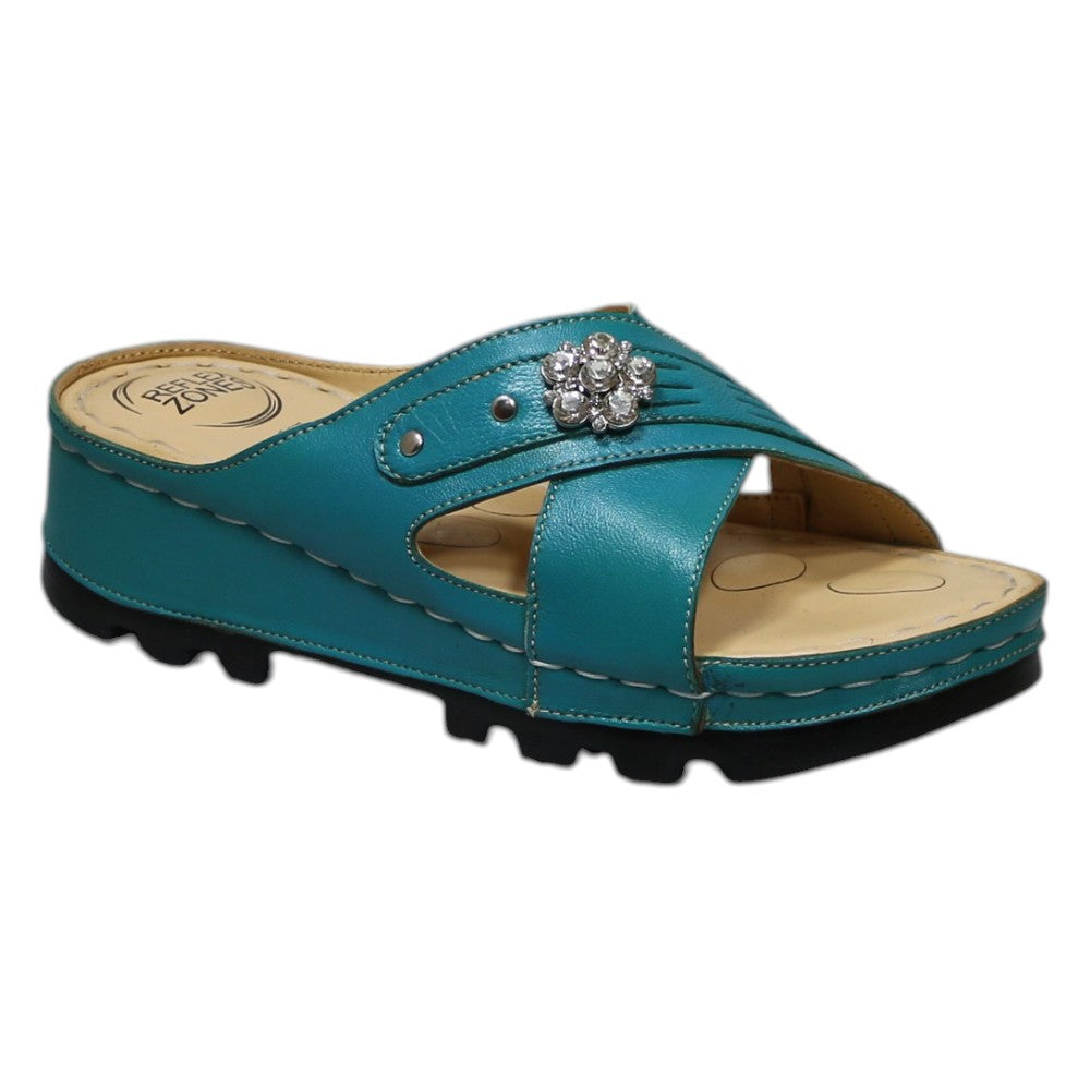 ARQS.PK teal orthopedic slide sandals with crisscross straps, crystal embellishment, and a cushioned platform sole.