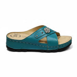 ARQS.PK teal orthopedic slide sandals with crisscross straps, crystal embellishment, and cushioned platform sole.