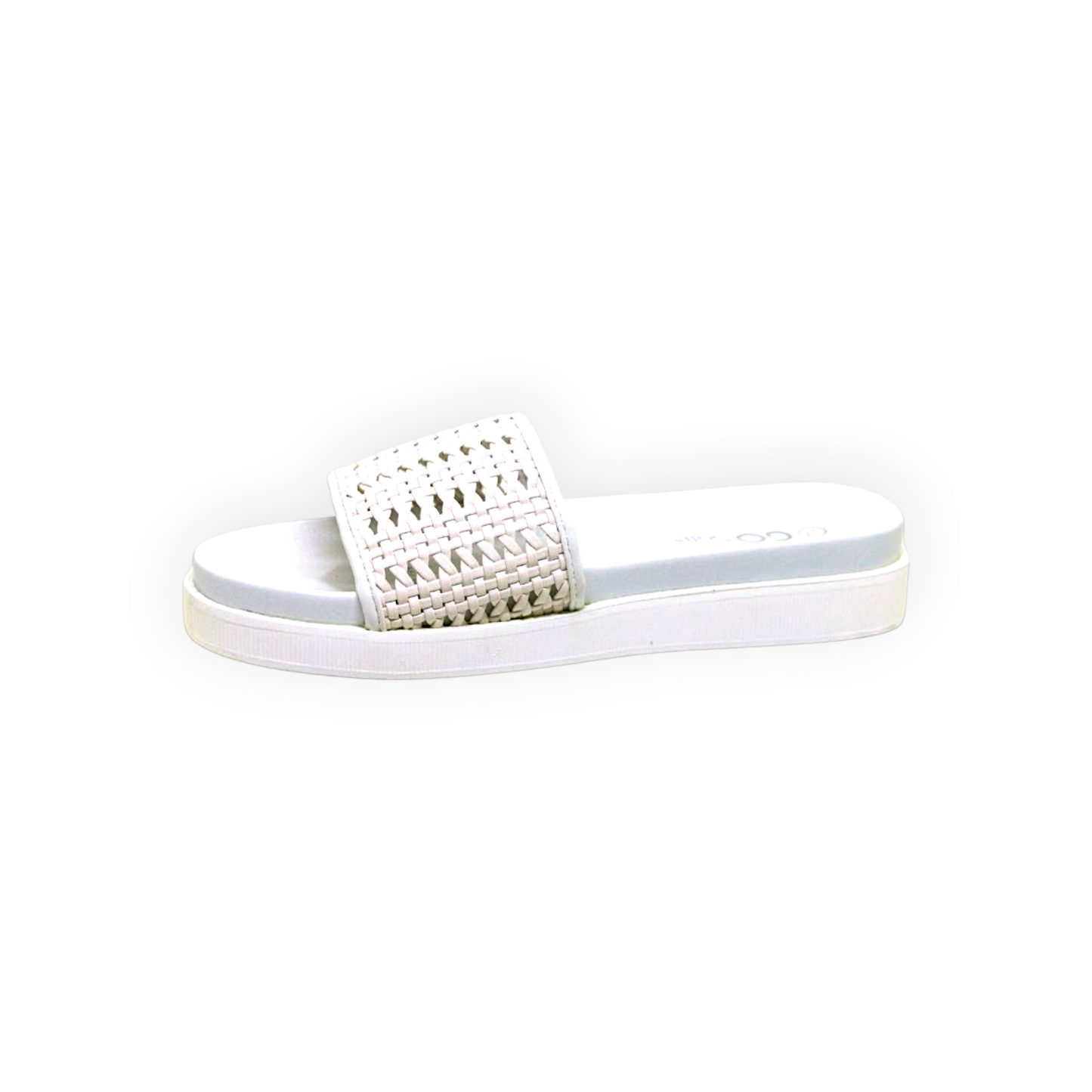 ARQS.PK flat open-toe slide sandals in white with a woven beaded PU leather upper and comfortable PUR outsole