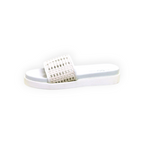 ARQS.PK flat open-toe slide sandals in white with a woven beaded PU leather upper and comfortable PUR outsole
