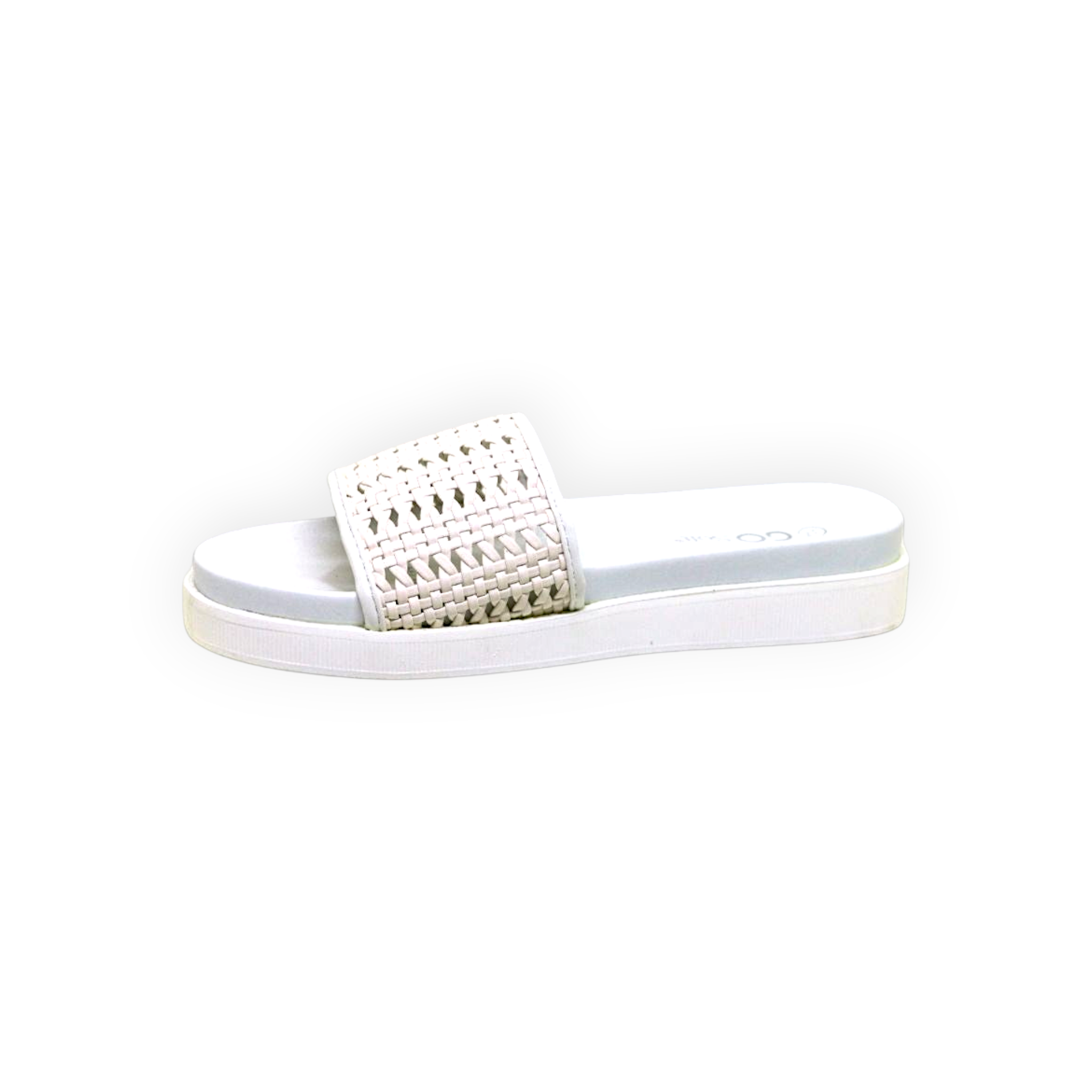 ARQS.PK flat open-toe slide sandals in white with a woven beaded PU leather upper and comfortable PUR outsole