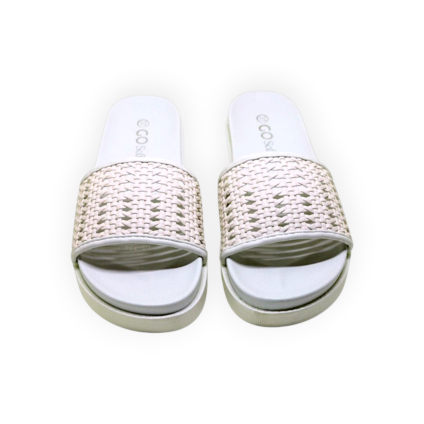 ARQS.PK flat white flip-flops with a woven beaded upper and open toe design made from PU leather