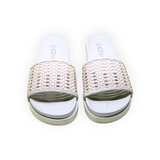 ARQS.PK flat white flip-flops with a woven beaded upper and open toe design made from PU leather