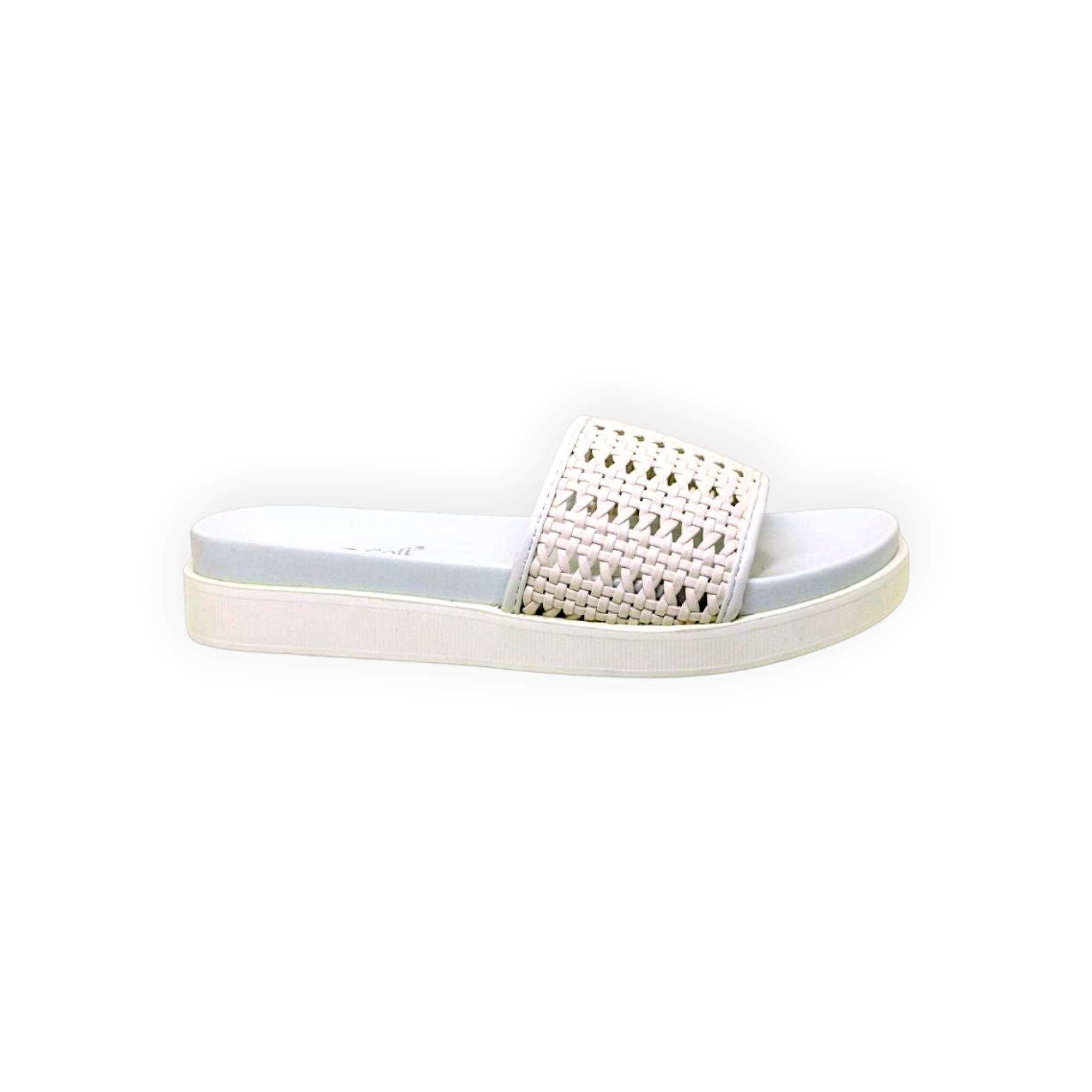 ARQS.PK flat flip-flop sandal in white with a woven beaded upper and PU leather construction